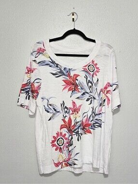 Chicos Top Womens Size 3 XL White Pink Tropical Floral Slub Knit T Shirt Artsy